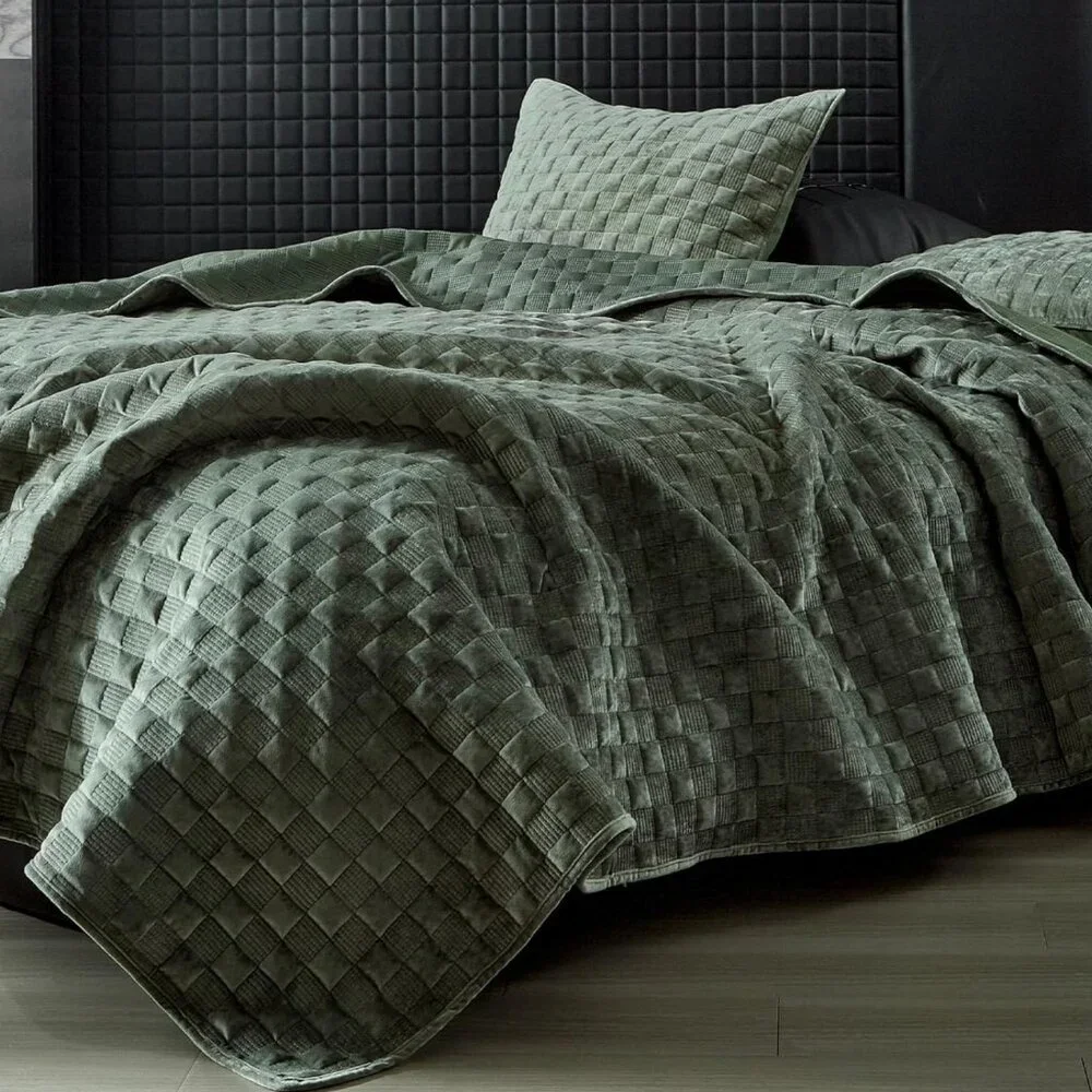 Velvet Quilt Set Green Textured Basketweave Coverlet Luxury Sage Olive Quiet Lux